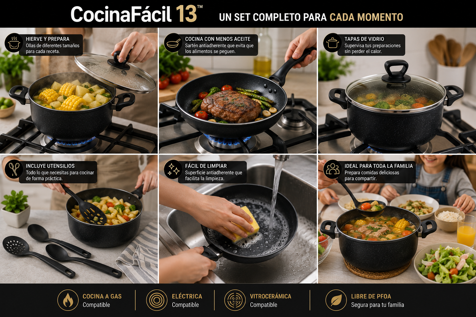 Renueva tu cocina desde la primera comida con CocinaFácil 13™  **El Sistema Cocina Completa 13X™ reúne 13 piezas en una sola solución para cocinar con más practicidad, menos complicaciones y darle un nuevo aire a tu cocina desde el primer uso.**