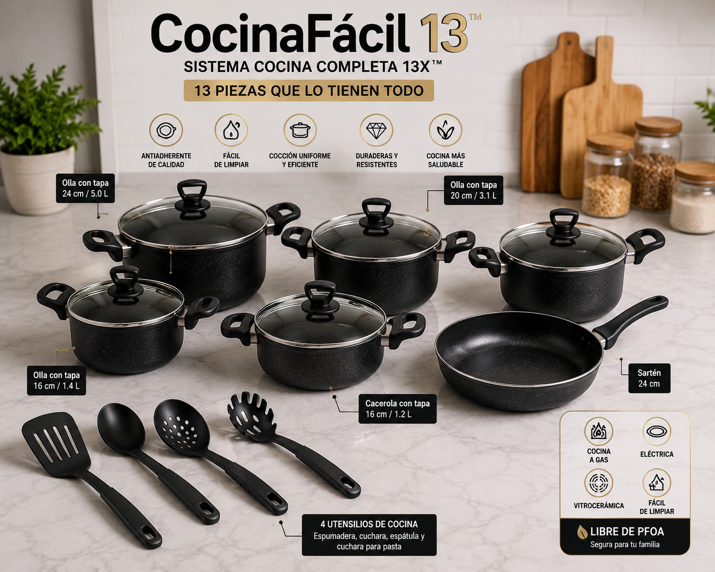Renueva tu cocina desde la primera comida con CocinaFácil 13™  **El Sistema Cocina Completa 13X™ reúne 13 piezas en una sola solución para cocinar con más practicidad, menos complicaciones y darle un nuevo aire a tu cocina desde el primer uso.**