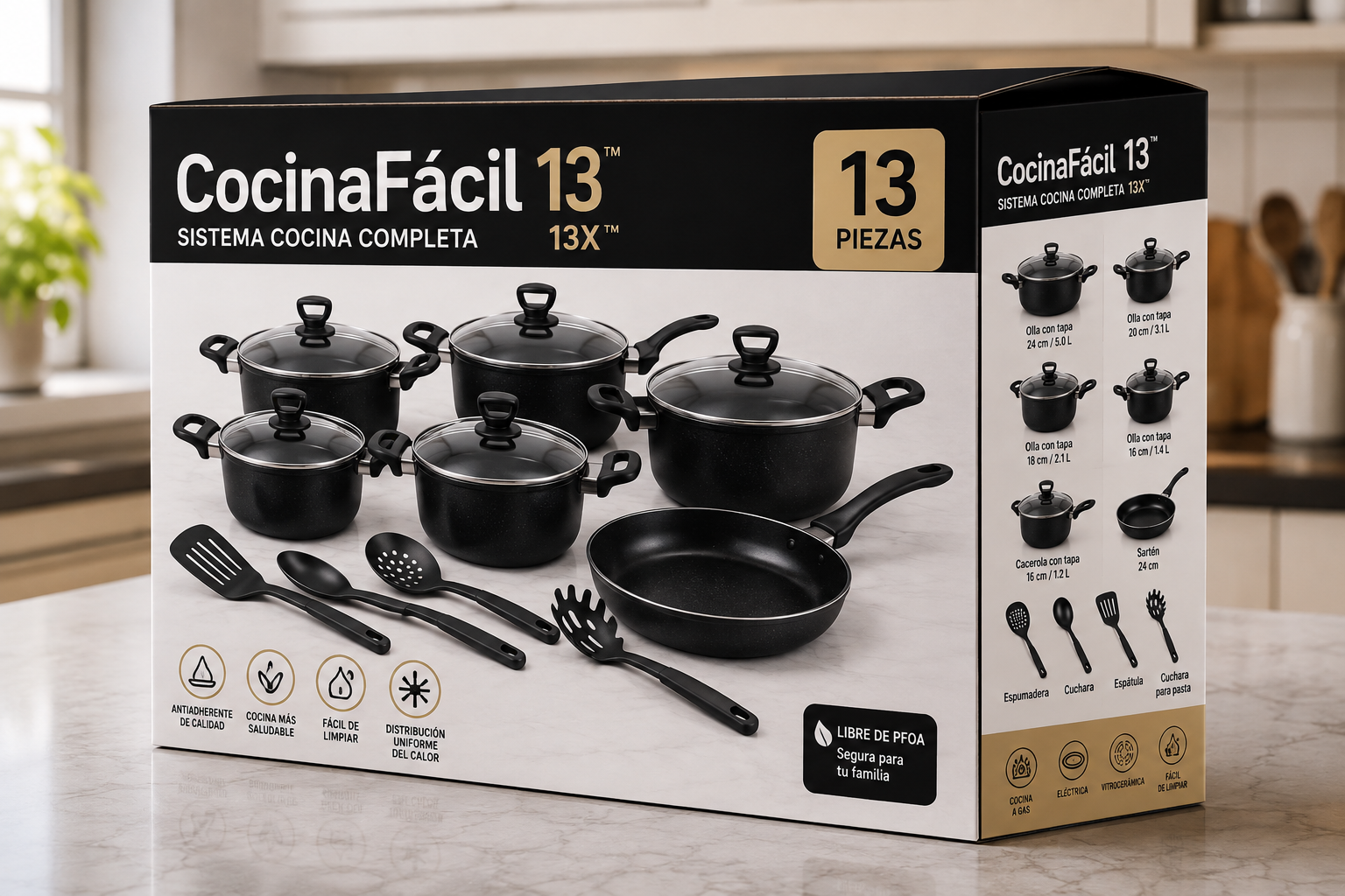 Renueva tu cocina desde la primera comida con CocinaFácil 13™  **El Sistema Cocina Completa 13X™ reúne 13 piezas en una sola solución para cocinar con más practicidad, menos complicaciones y darle un nuevo aire a tu cocina desde el primer uso.**